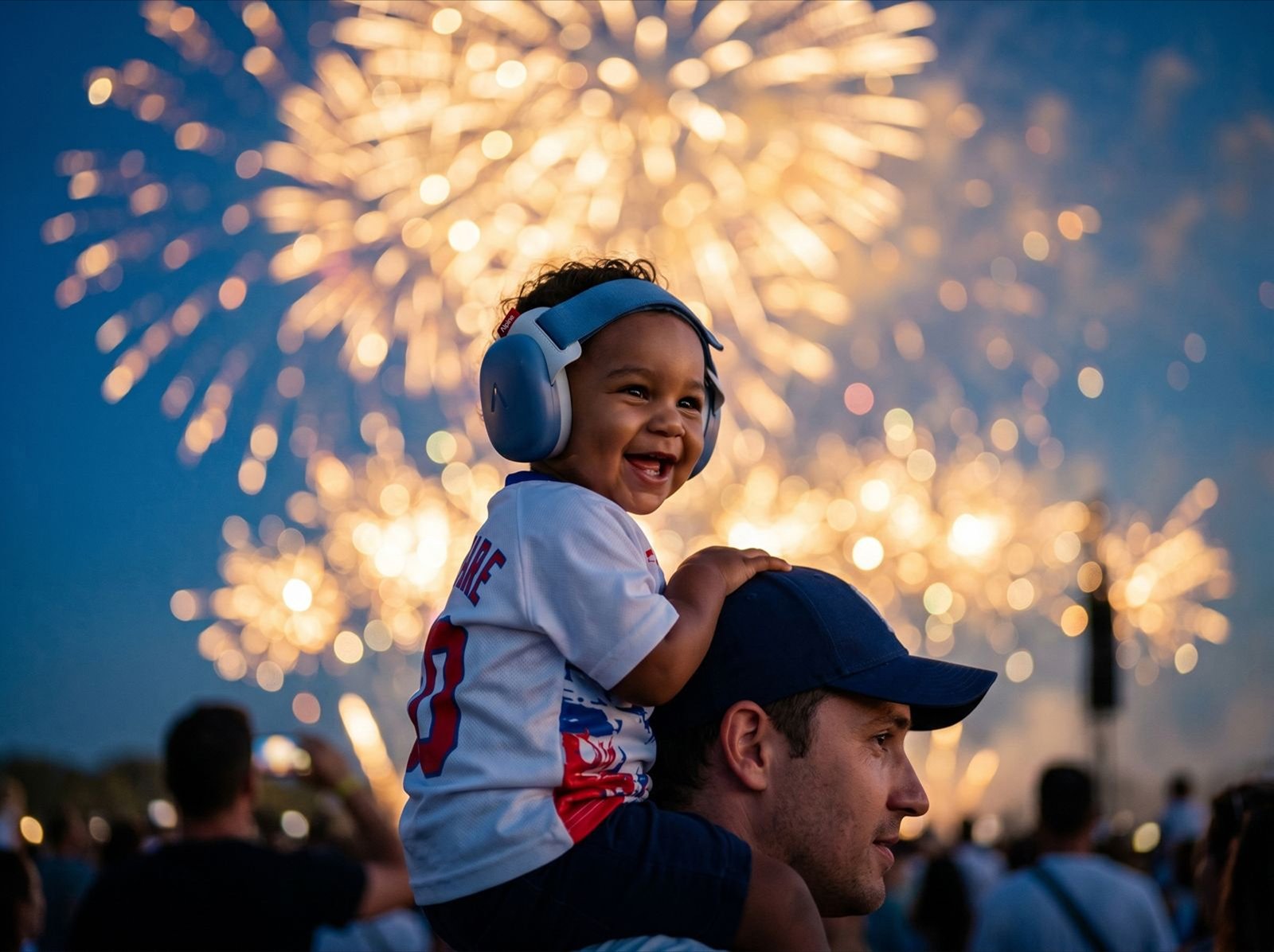 Toddler on their father's shoulders wearing Alpine earmuffs under a fireworks finale