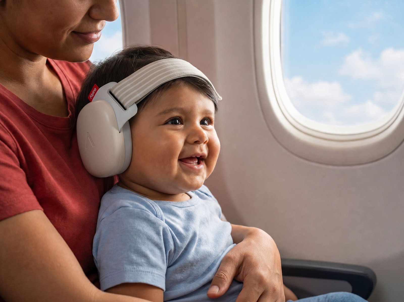Smiling baby wearing Muffy Baby earmuffs on their mother's lap at an airplane window