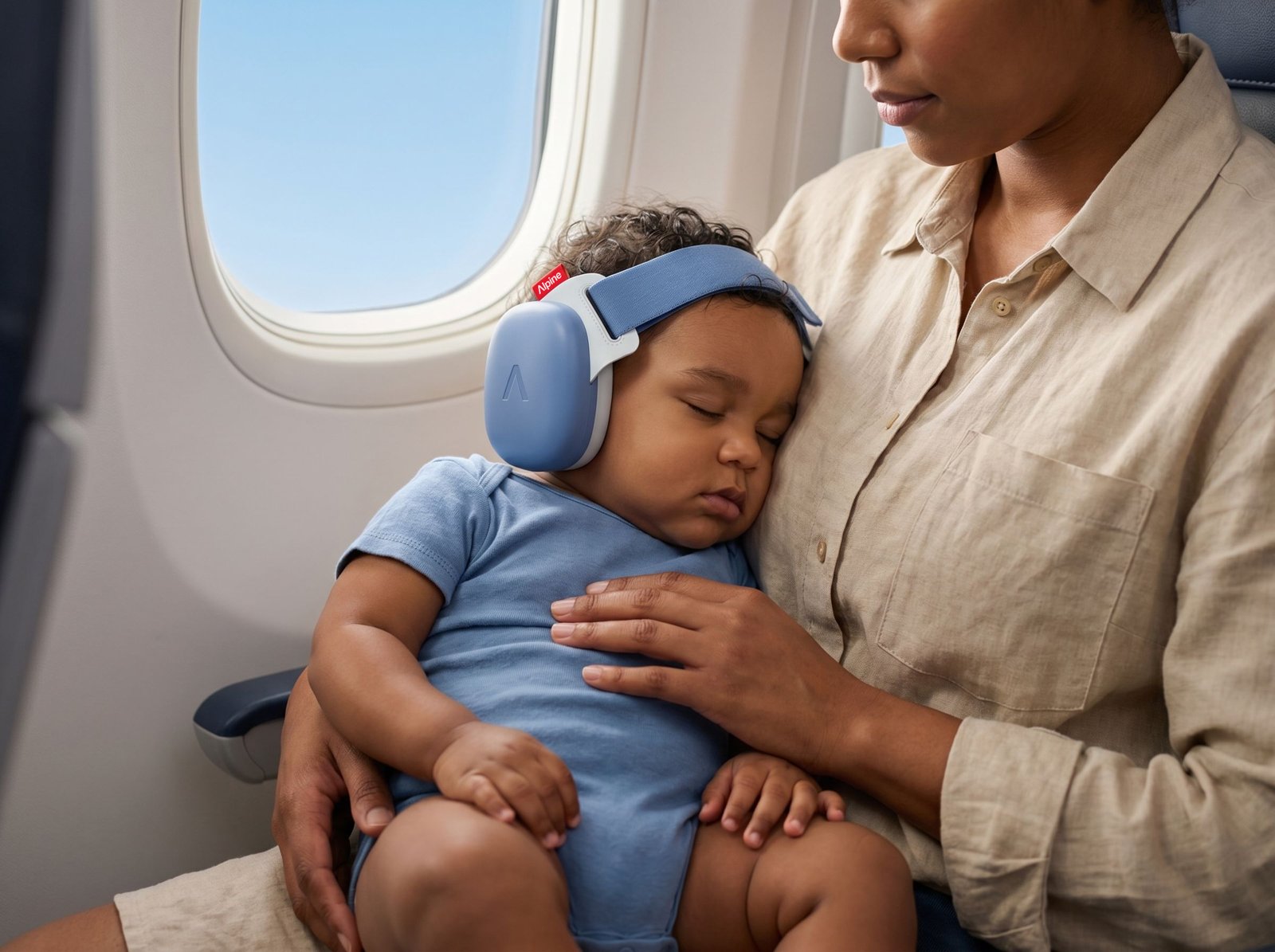 Baby asleep on their mother's lap in an airplane cabin wearing Muffy Baby earmuffs